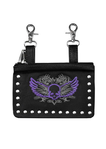 Long Biker Leather Chain Wallet - Red and Purple Sugar Skull